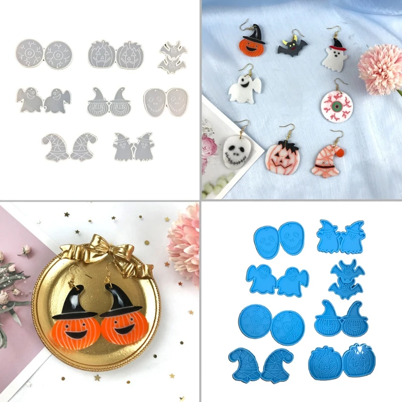 

8 Pcs/Set Halloween Earrings Epoxy Resin Mold Ear Drop Dangle Pendants Silicone Mould DIY Crafts Jewelry Necklace Mold