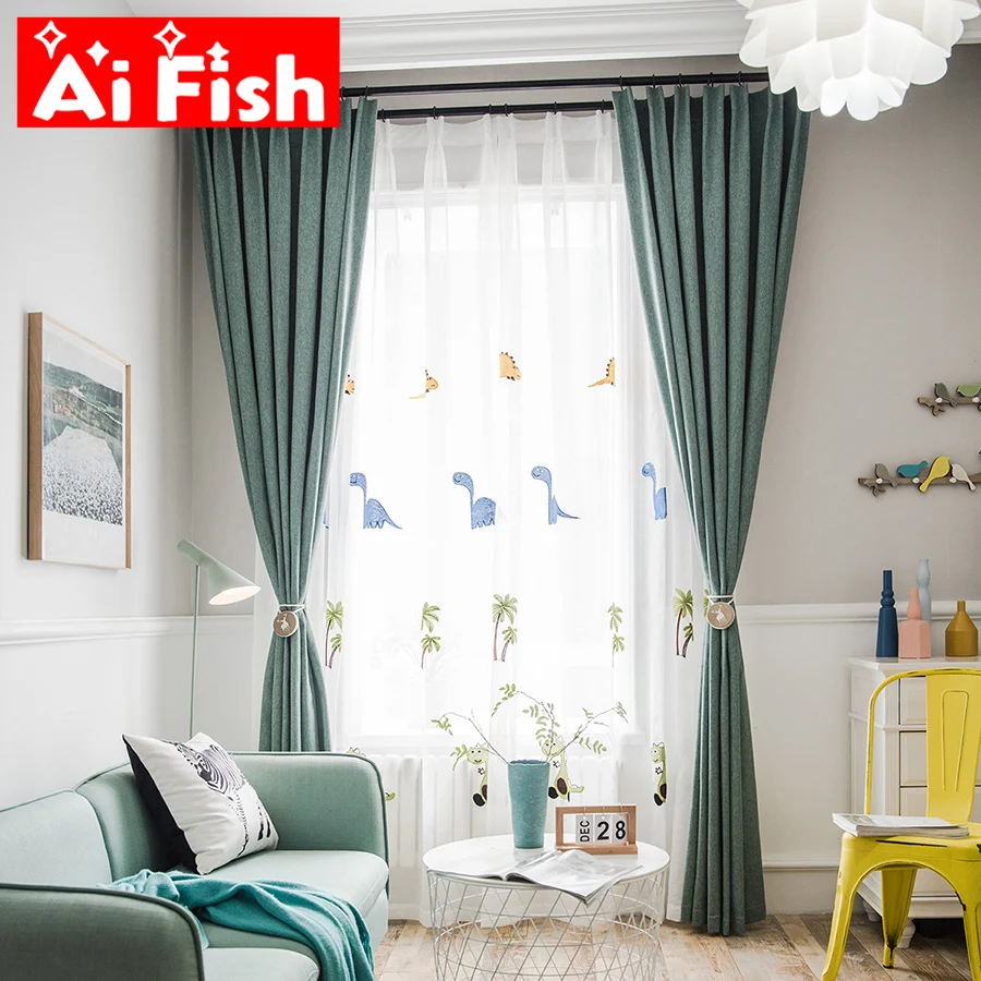 

Cartoon Green Happy Cute Dinosaur Tulle Curtains Children's Bedroom Dark Green Solid Luxury Thicker Blackout Curtains MY243#5