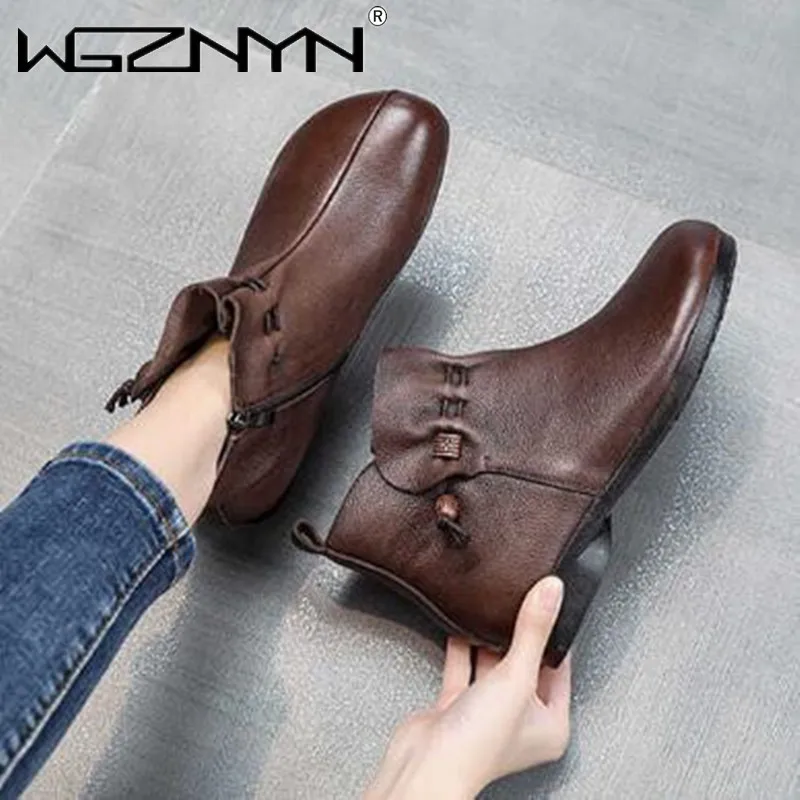 

Женские ботильоны из натуральной кожи, черные ботинки на низком каблуке, Нескользящие, с круглым носком, в стиле ретро, Осень-зима