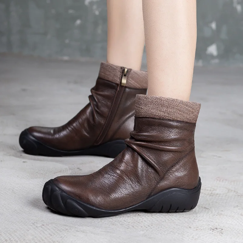 Artdiya Original Genuine Leather Women Boots New Flat Bottom Pleated Ankle Autumn and Winter 2019 Retro Soft Zipper | Обувь