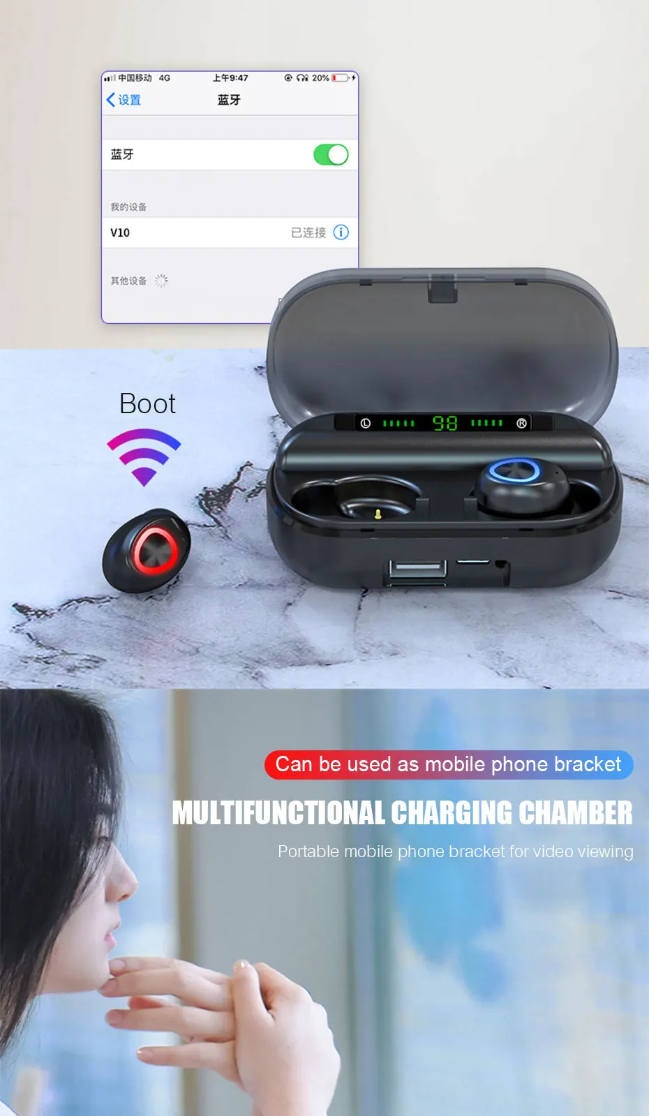 V10 беспроводные Bluetooth наушники с сенсорным стерео TWS Bluetooth 5,0 цифровой светодиодный дисплей с зарядным устройством для спортивных наушников