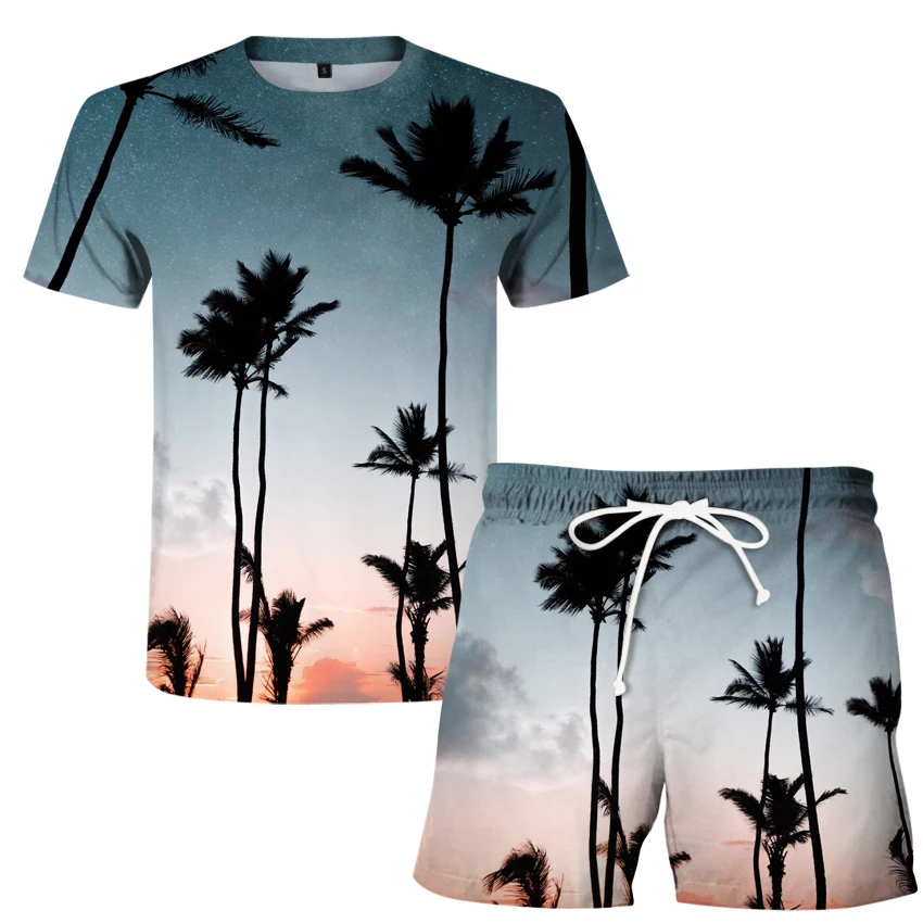 

Autumn scenery seaside sunset European and American new men's summer sports and leisure 2-piece thin T-shirt + 2-piece shorts