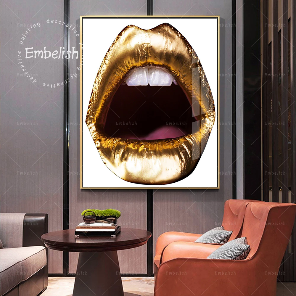 

Embelish 1 Pieces Modern Home Decor Pictures For Living Room Sexy Golden Lips Wall Art Posters HD Print On Canvas Oil Painitngs