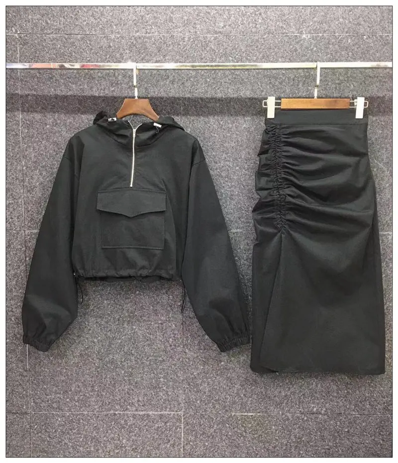 

IEQJ 2021 new spring and summer fashion women hoodies pullover full sleeves high waist halfbody skirt two pieces WR19701L
