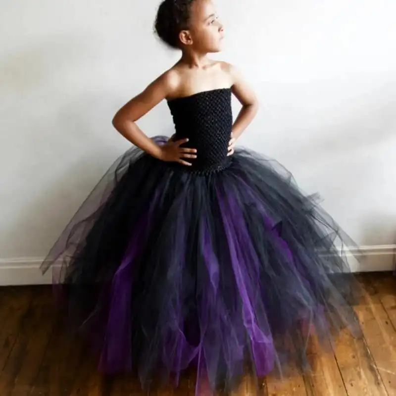 

Girls Black Purple Tutu Dress Kids Crochet Corset Evening Dress Long Ball Gown Children Birthday Party Banquet Costume Dresses