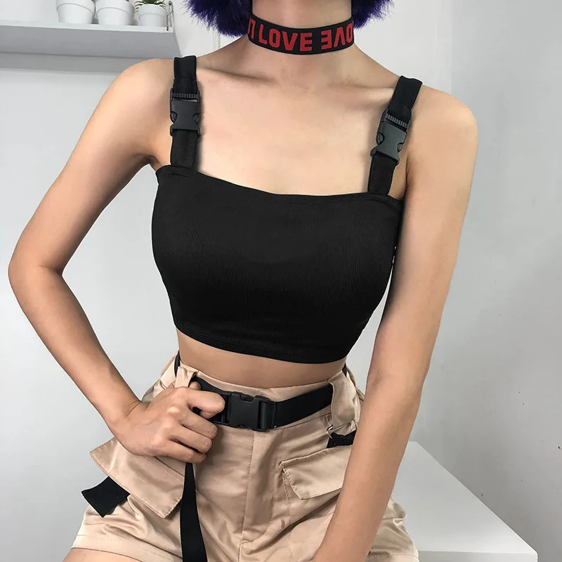 

Women's Casual Sport Vest Black Sleeveless Schoolbag Buckle Vest Workout Fitness Slim Fit Gym Tank Tops Streetwear