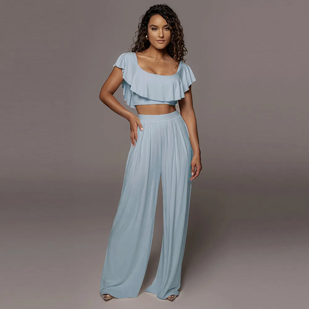 

Women's Sweatsuit Slash Neck Ruffles Sleeve Crop Tops and Straight Wide Leg Trouser Off The Shoulder White Blue Two Piece Sets