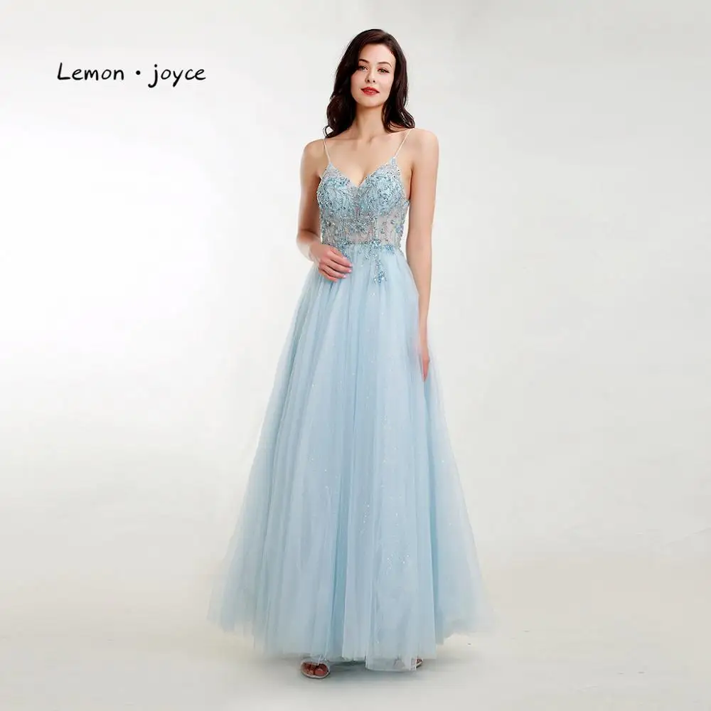 Светло голубые платья для выпускного Lemon joyce 2020 сексуальные с V образным вырезом