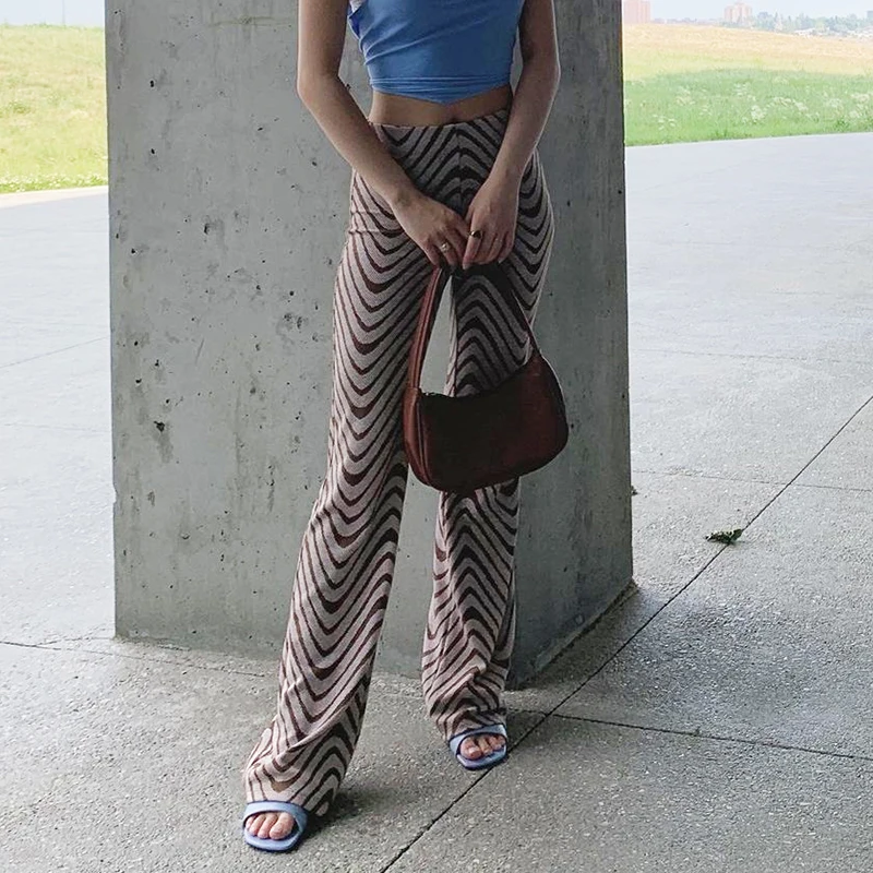 

Brown Wave Print Knitted Flare Pants Women y2k High Waist Sweatpants Joggers Casual Trousers Aesthetic Pants Streetwear Iamhotty