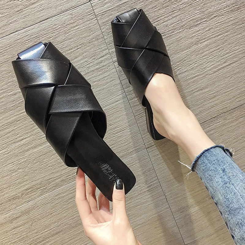 Женские летние вязаные кожаные шлепанцы SLHJC сандалии на низком квадратном