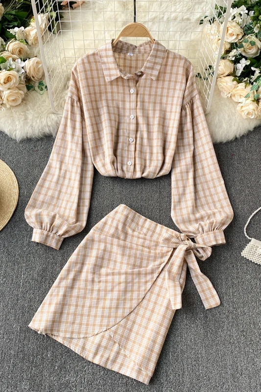 

Casual Student Suit Plaid Lapel Bubble Long Sleeve Blouse Loose Shirt Top Bow Hip Skirt Two Piece Set