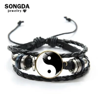 songda 2020 new classic tai chi yin yang braided leather bracelet black white tai chi symbol glass dome charm bracelet wholesale