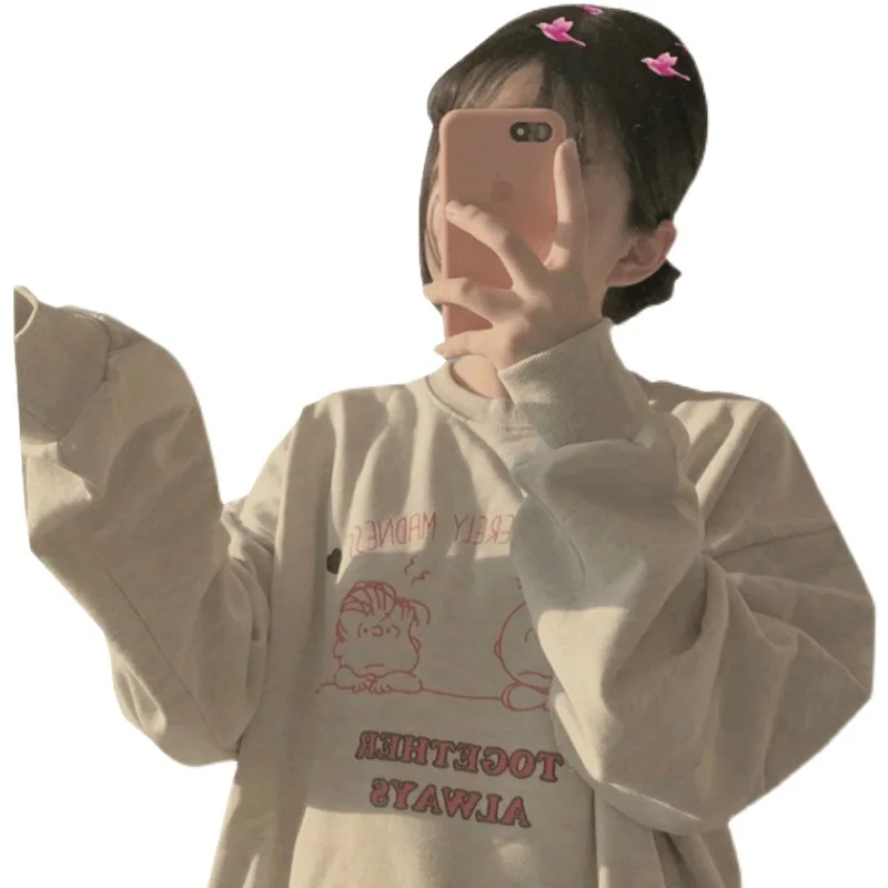 

2021 Spring And Autumn New Thin Round Collar Sweater Lazy Style Female Student Loose Long Sleve Thin No Hat Gentle Style Top