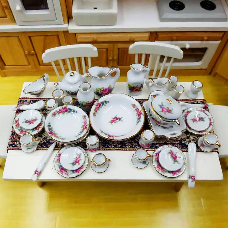 

40Pcs/set 1:12 Dollhouse Miniature Tableware Porcelain Ceramic Tea Cup Dishes Diy Decoration