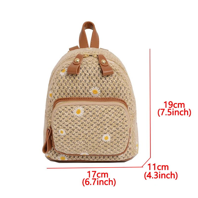 

Embroidery Daisy Small Straw Lace Women Backpacks Fashion Handwoven School Bags for Girls Casual Mini Straw Women Back Packs New