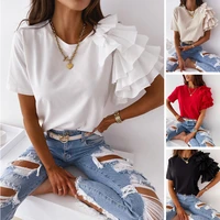 t shirt for women summer 2021 new white red black solid lady girl tshirt fashion ruffles short sleeve o neck tunic casual tops