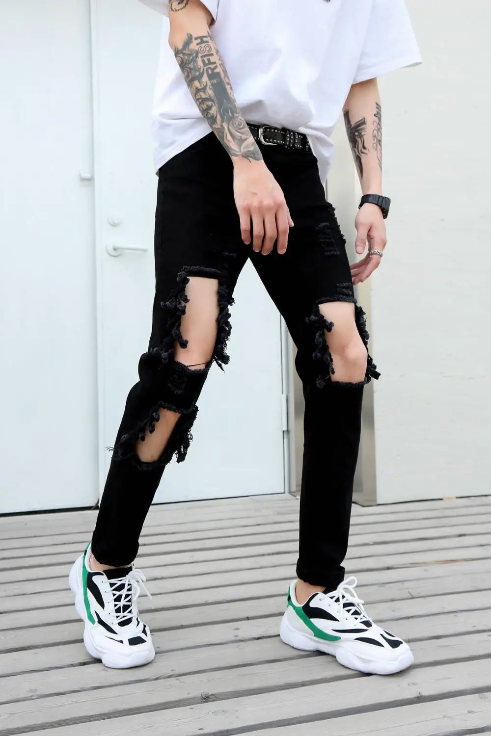 

2019 black ripped jeans straight pants stretch beggar slim leg pants hip hop pencil pants