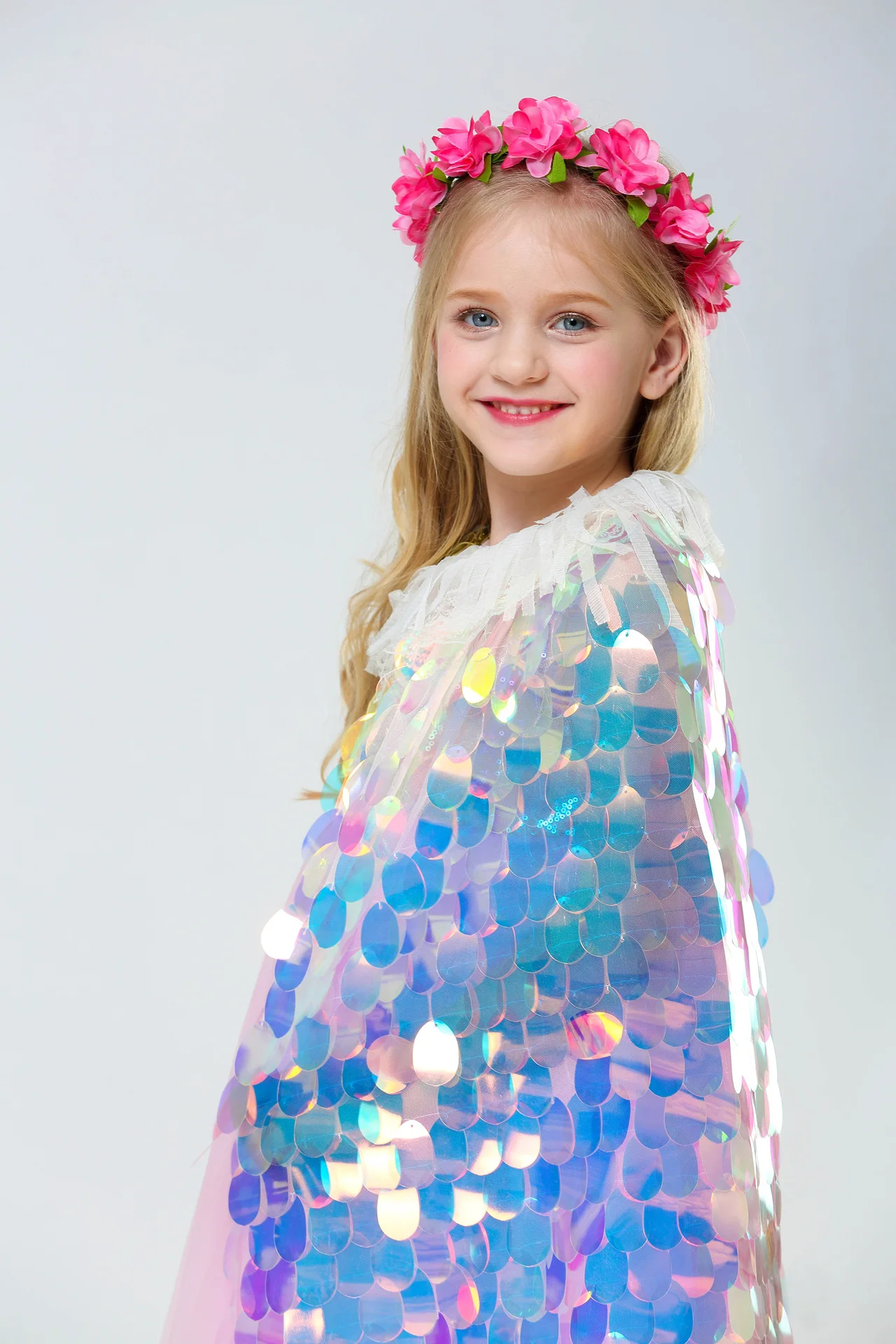 Sequins Princess Girls Cape Cloak for Beach Party Costume Children Rainbow Shawl Cosplay Christmas Kids Girl Wrap | Детская одежда и