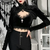 insgoth vintage sexy velvet black cropped tops aesthetic goth long sleeve t shirts elegant button up tops party dress accessory
