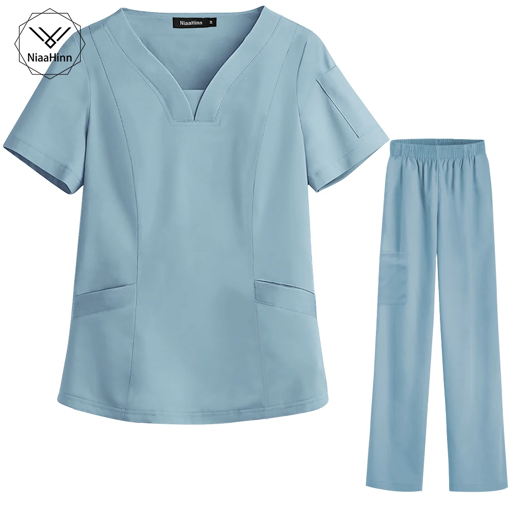 

Wholesale Ladies Scrub Design Pet Beautician High Quality Veterinary Cleaning Nursing Nurse Uniform Set Solid Color Slim Uniform