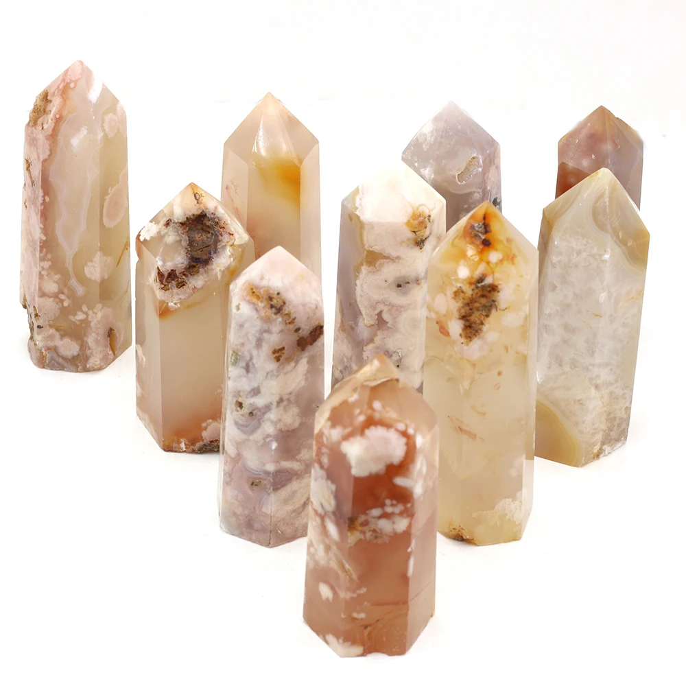 

Natural Stone Cherry Blossom Agate Crystal Tower Hexagonal Prism Ornament Aura Healing Energy CrystalStone Jewelry Deco Gift1PC