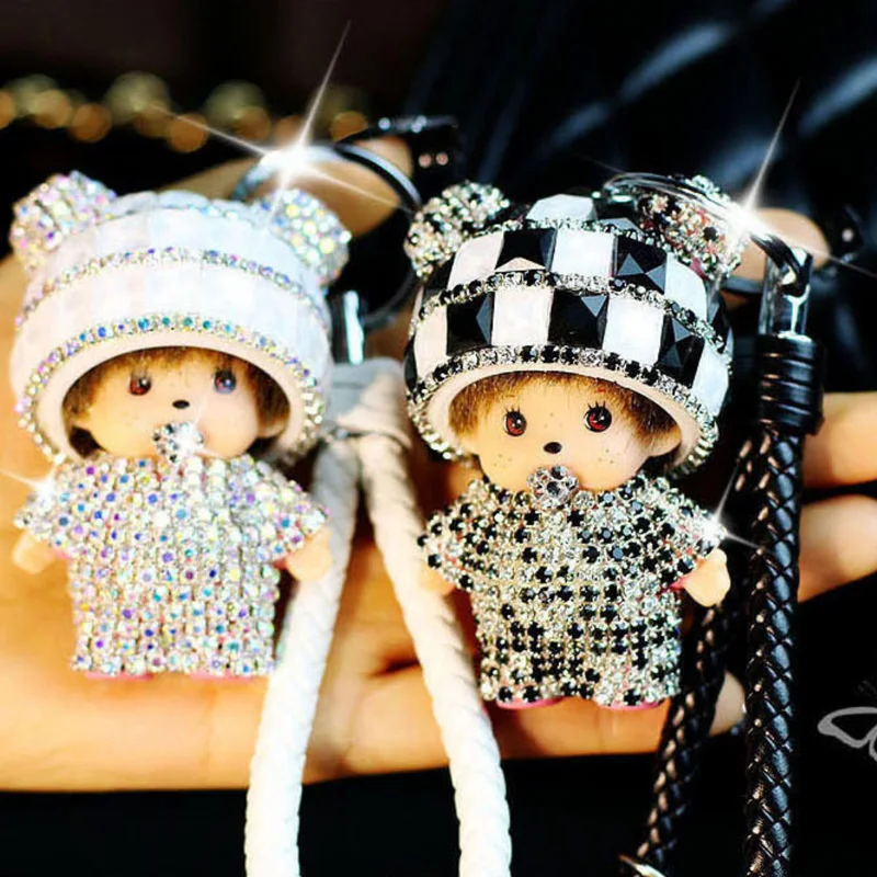 

Bling Bling Bag Charm Keyring 3D Doll Trend Crystal Cute Girl Car Key Chain Accessories Lanyard for Keys