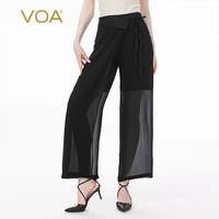 voa silk 12mm black georgette bumped jacquard lace up waist micro transparent diagonal slot pocket wide leg pants ke88