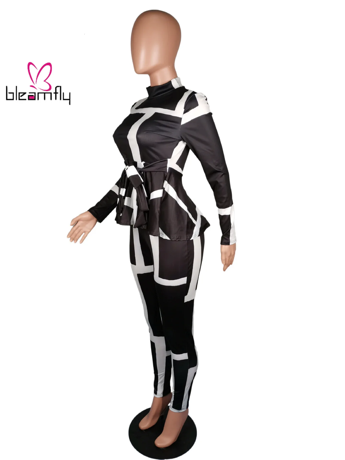 Осенний женский костюм с геометрическим принтом и длинным рукавом топ брюки