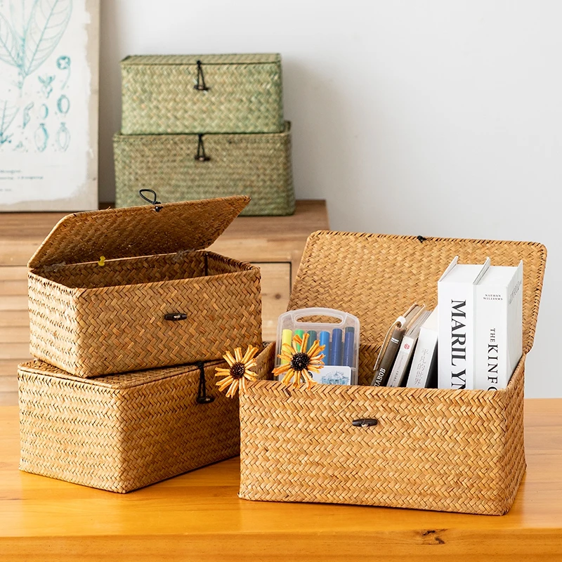

Seaweed Storage Box Hand-woven Storage Basket with Lid Sundries Cosmetic Container Rectangular Closet Organizer Laundry Basket