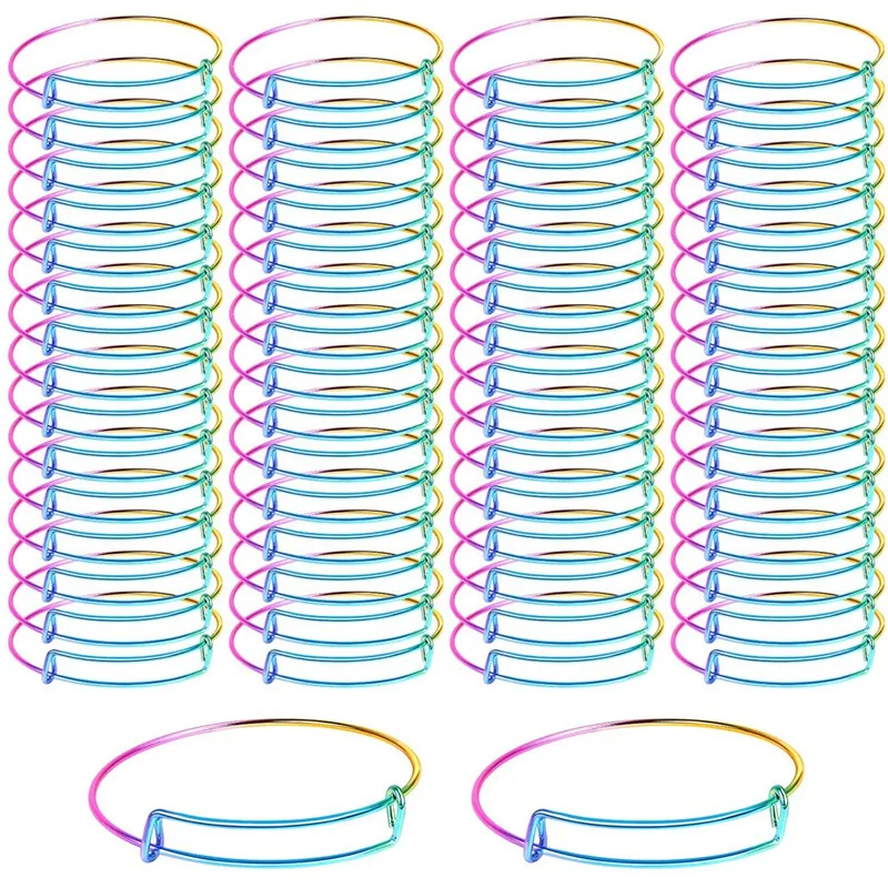 

60Pcs Expandable Bangle Bracelets Gradient Rainbow Bracelets Adjustable Wire Blank Bangles for DIY Jewelry Making