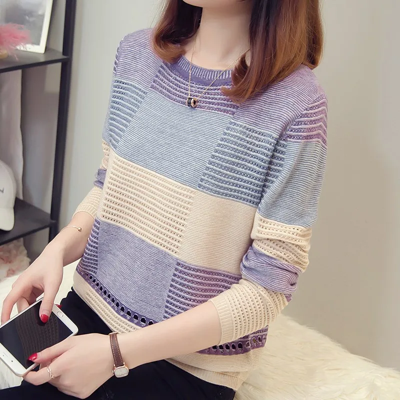 

Women Pullover Sweater Autumn Contrast color Hollow Knitted Sweater Ladies Long Sleeve Jumper Female Loose Sweater Knitwear P97