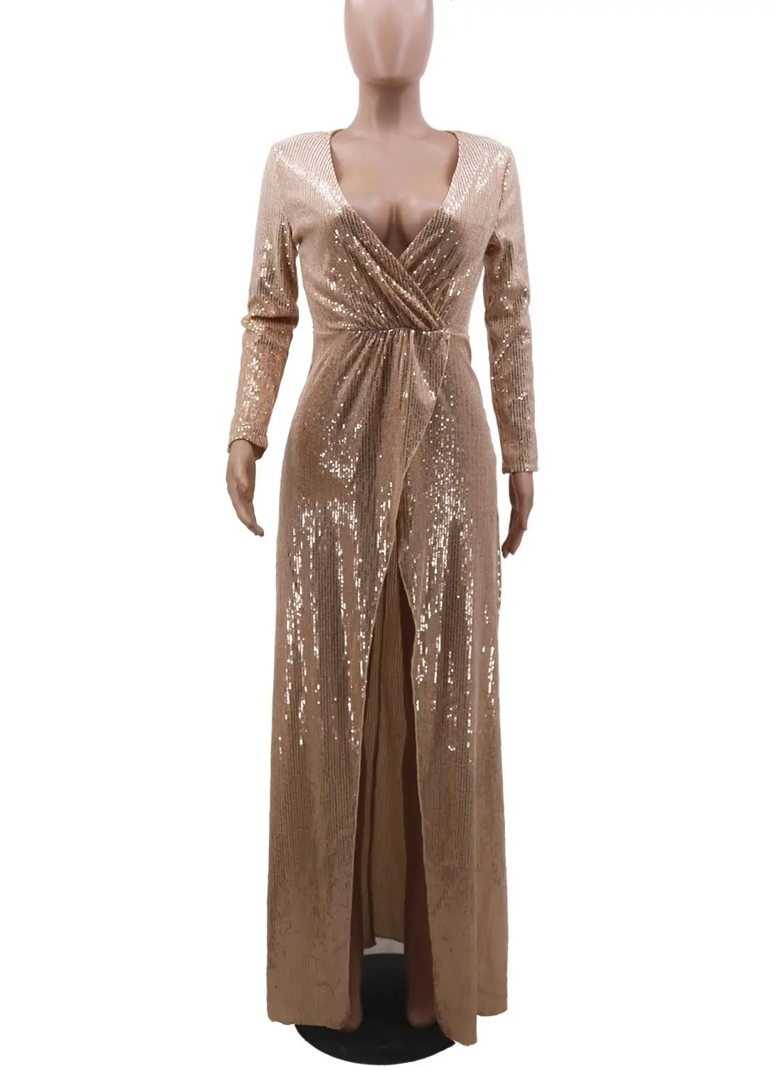 Элегантное длинное вечернее платье цвета шампанского с блестками v образным