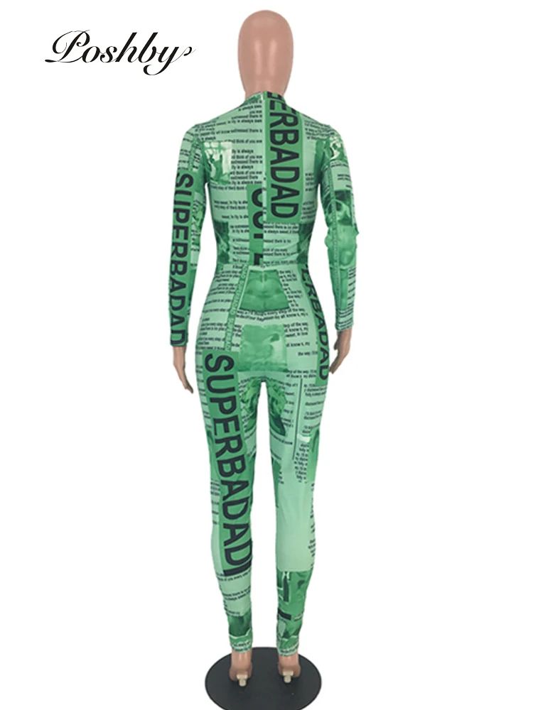 

Poshby 2021 Night Club Playsuits New Bodycon Jumpsuits Newspaper Print Women Long Sleeve Sexy Y2k Autumn Winter Skinny Rompers