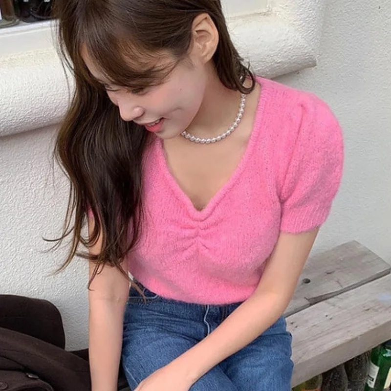 Женский облегающий свитер с V-образным вырезом коротким рукавом | Женская одежда