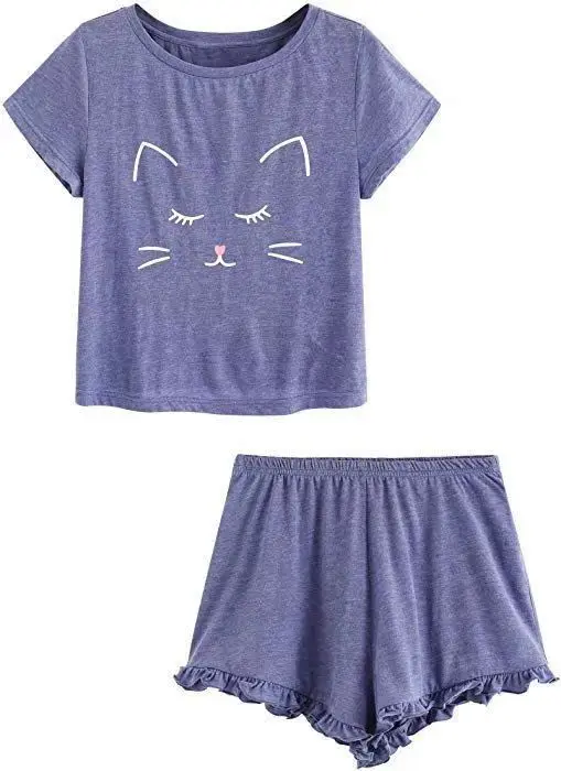 

Sleepwear Pajamas Women's Cat Shorts Short Sleeve Ruffled Sleepwear Nightwear Set Pijama Mujer Verano Women Sleepwear Lingerie