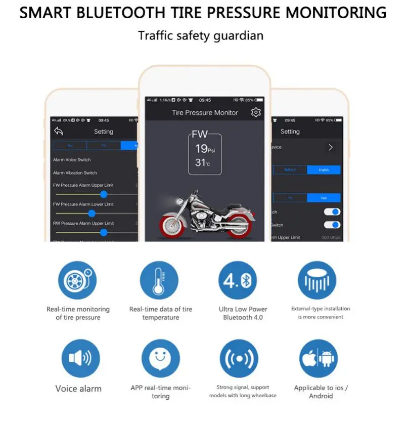Беспроводная система контроля давления в шинах для мотоциклов Bluetooth TPMS