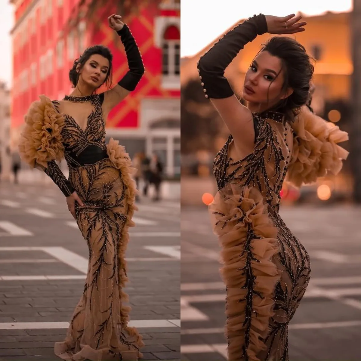 

Великолепные Выпускные платья-русалки с оборками, кристаллы, бусины, на одно плечо, с длинным рукавом, вечерняя одежда, платья для официальн...