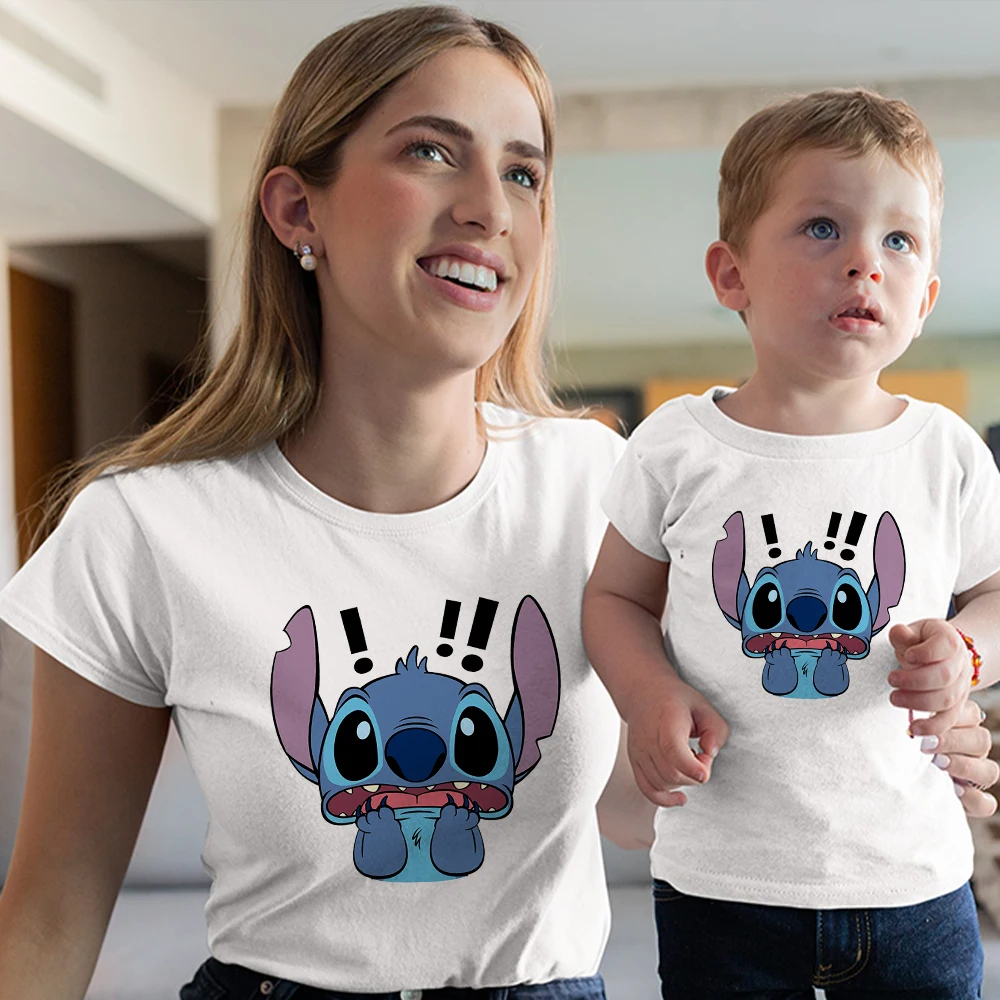 

Children Clothes Fashion Family Matching T-shirt Harajuku Anime Short-Sleeved Adult Top Summer Couple Tshirt Fun Stitch Tee
