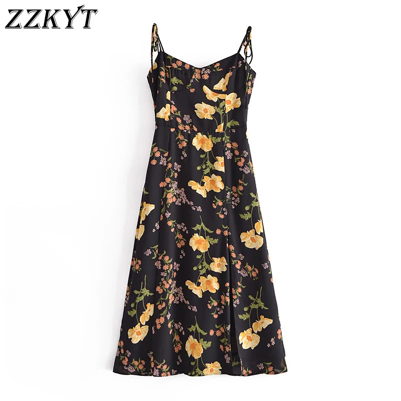 

Женское платье-миди без рукавов ZZKYT, винтажное платье с цветочным принтом, V-образным вырезом, эластичное платье на бретельках с бантом на сп...