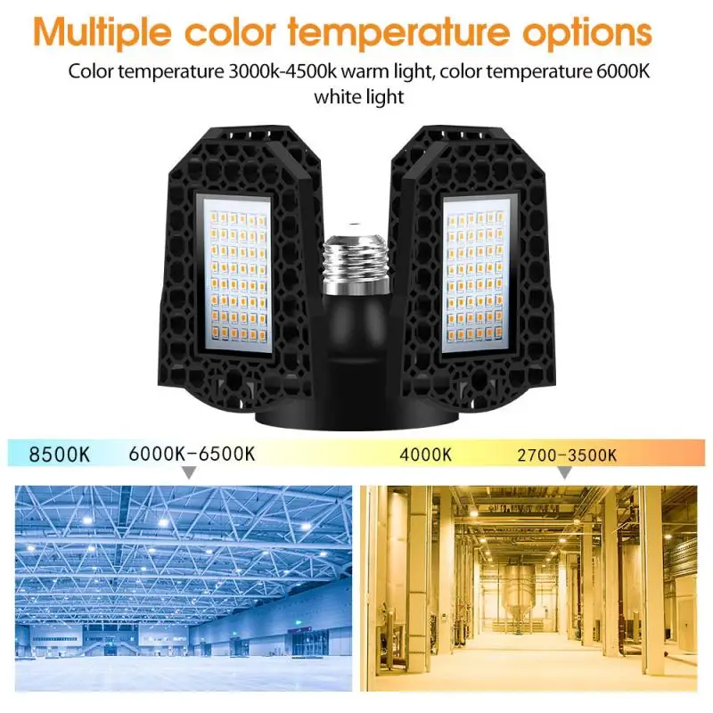 

100-150W LED Garage Lights Foldable E27 Bulb 4 Adjustable Fan Blades Deformable Workshop Warehouse Ceiling Lighting 85-265V