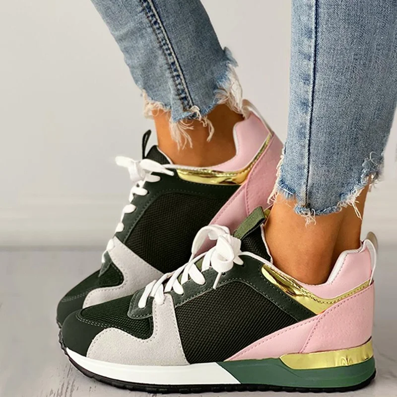 

Women's Mesh Breathable Sports Shoes 2021 Summer New Lace-up Color Matching Casual Shoes Round Head Increased Running Shoes