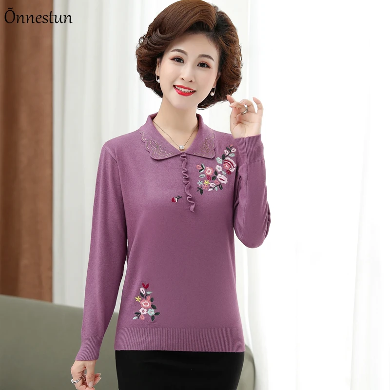 

Woman Sweaters New Autumn Causal Women Pullover Knitted Crop Top Embroidery Turn Down Sweaters For Women
