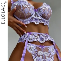 ellolace floral lingerie embroidery womens underwear set fancy lace bra kit push up thongs with garters sexy erotic brief sets