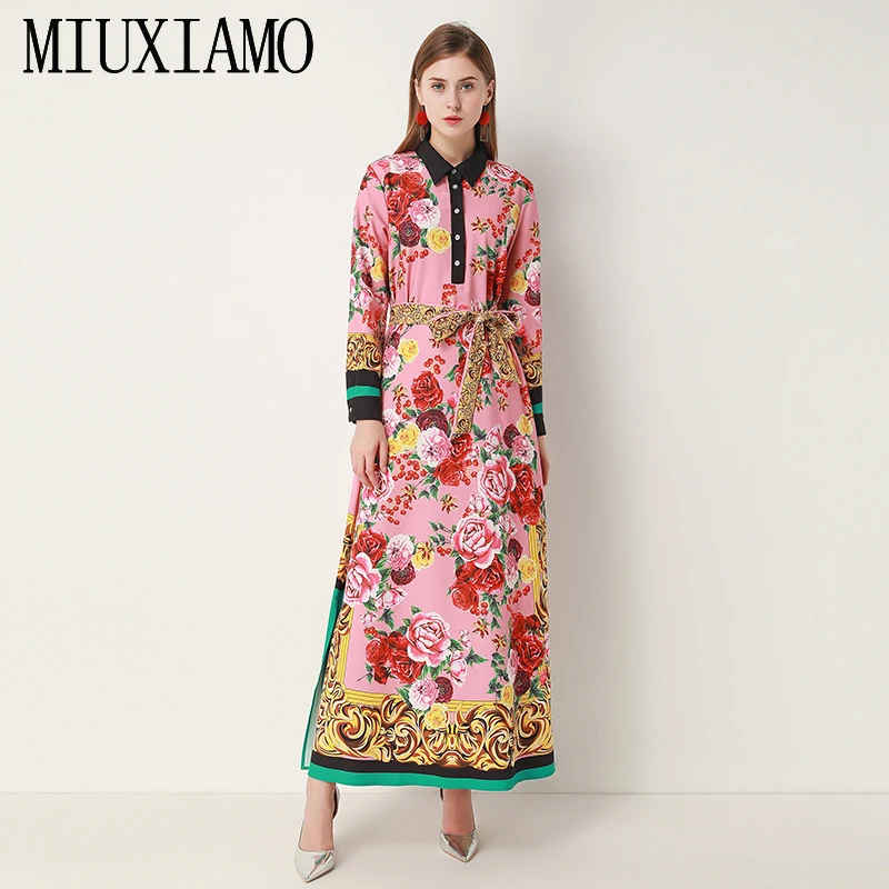 

MIUXIMAO 2020 Sring Dress Full And Flare Sleeve Flower Print Elegant Casual beach dress Long Dress Women vestido With Belt