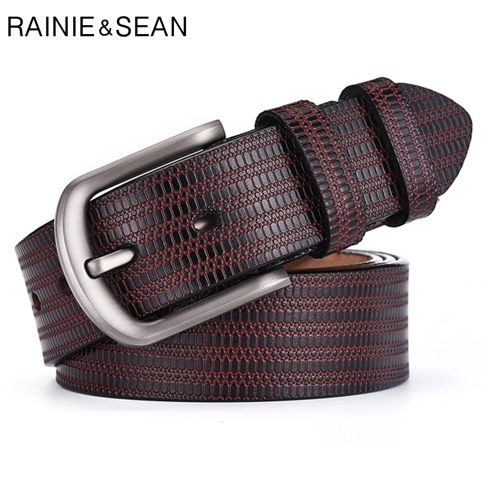 

RAINIE SEAN Strap Male Belts For Men Genuine Leather Embossed Carved Belt Pin Buckle Coffee Retro Cow Leather Belt For Trousers