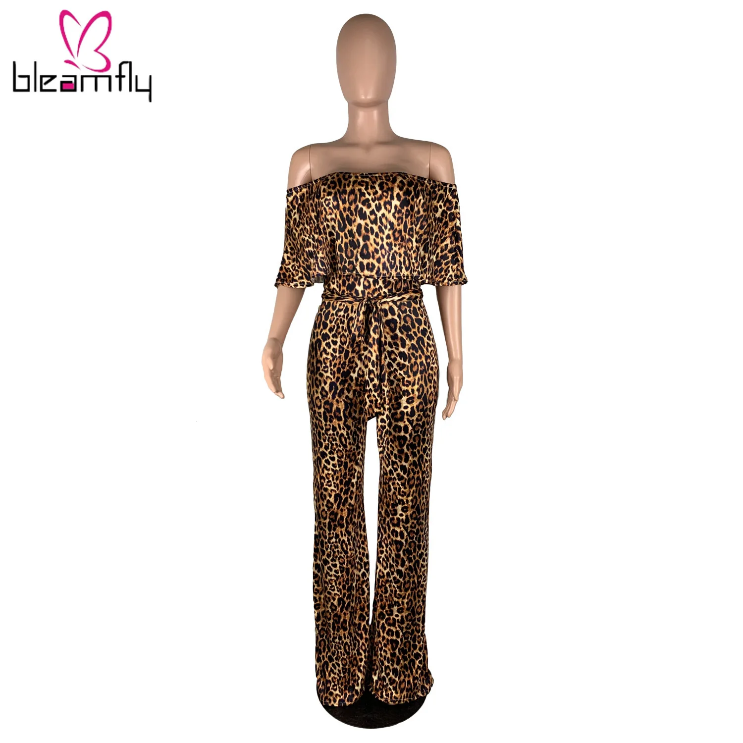 Осенний женский комбинезон прямого силуэта с леопардовым принтом открытыми