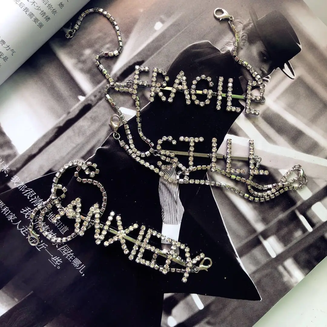 

Sexy Woman Vest Shoulder Strap Shining Rhinestone Body Jewelry Letter Fragile Still Anxiety Camisolechain Beach Nightclub Party