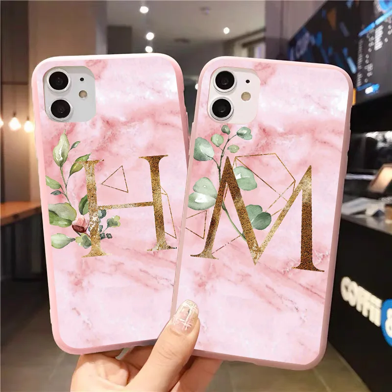 Initial Letter Silicone Phone Case For iPhone 13 12 mini 11 Pro X XR XS Max 6s 7 8 Plus Retro Pink Leaves Soft TPU Back Cover