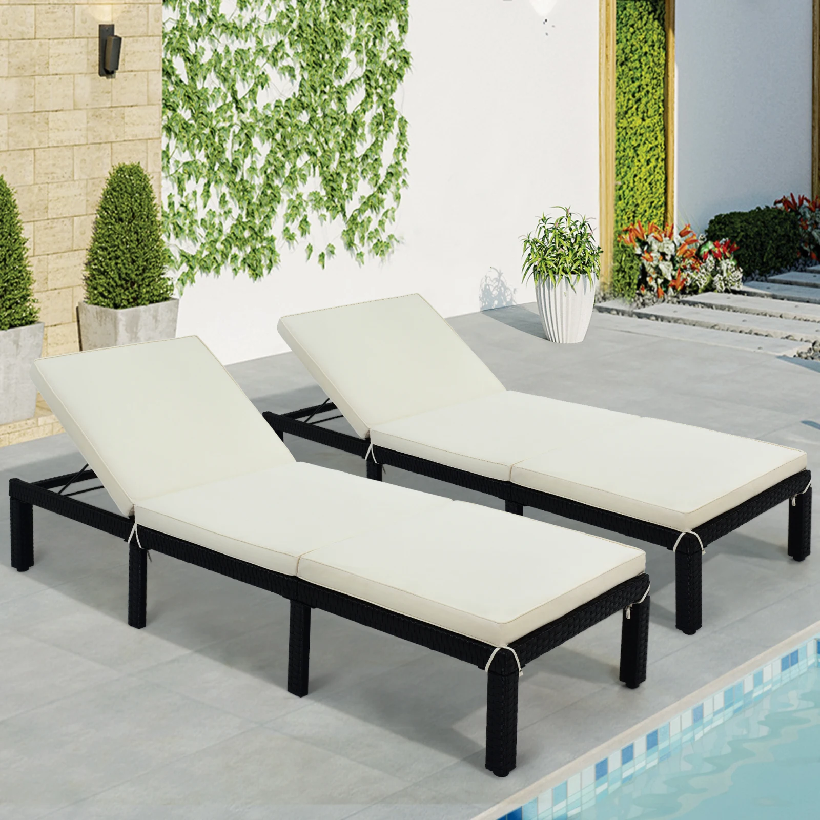 

2Pcs Patio Furniture Outdoor Adjustable PE Rattan Wicker Chaise Lounge Chair Sunbed Home Garden Courtyard Poolside Rattan Chair