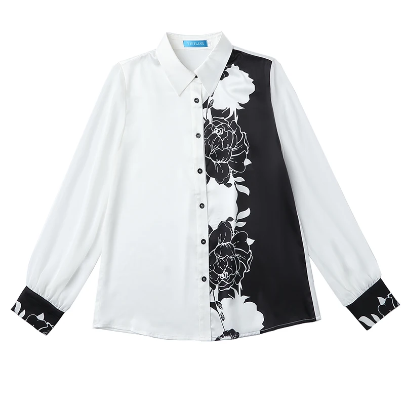 

Spring Autumn Women Fashion Long Sleeves Satin Blouse Vintage Femme Printing Shirts Elegant Imitation Silk Blouse T11901X